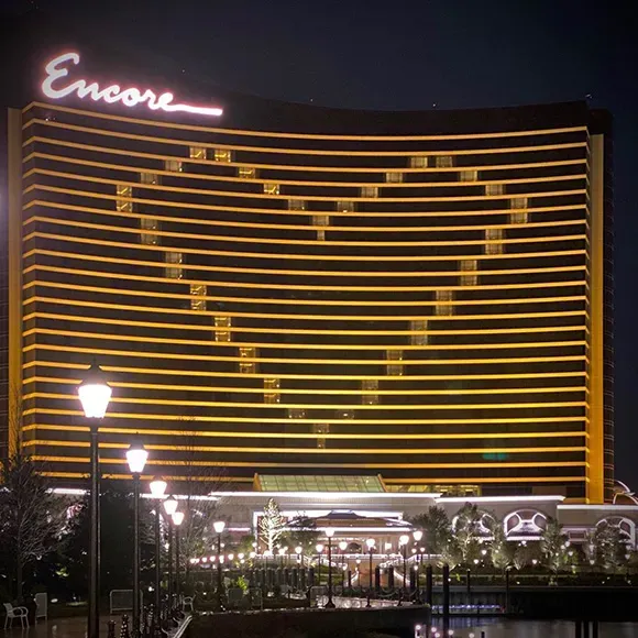 Encore Boston Harbor lit up heart covid-19